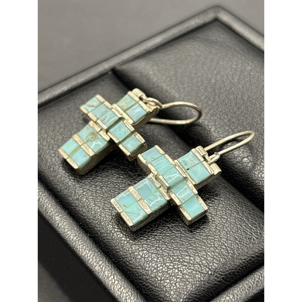 Vintage Sterling Silver Turquoise Inlay Cross Earrings 6 Gram G22 - Picture 7 of 9